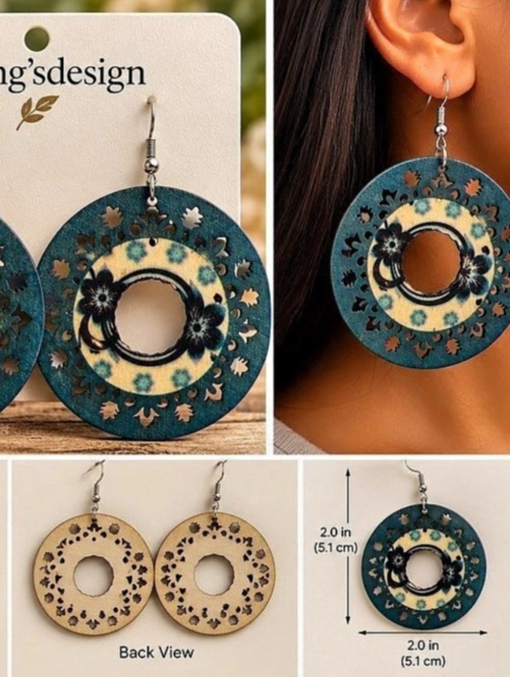 Laing'sdesign Floral Wood Dangle Earrings in Green & Yellow NWT